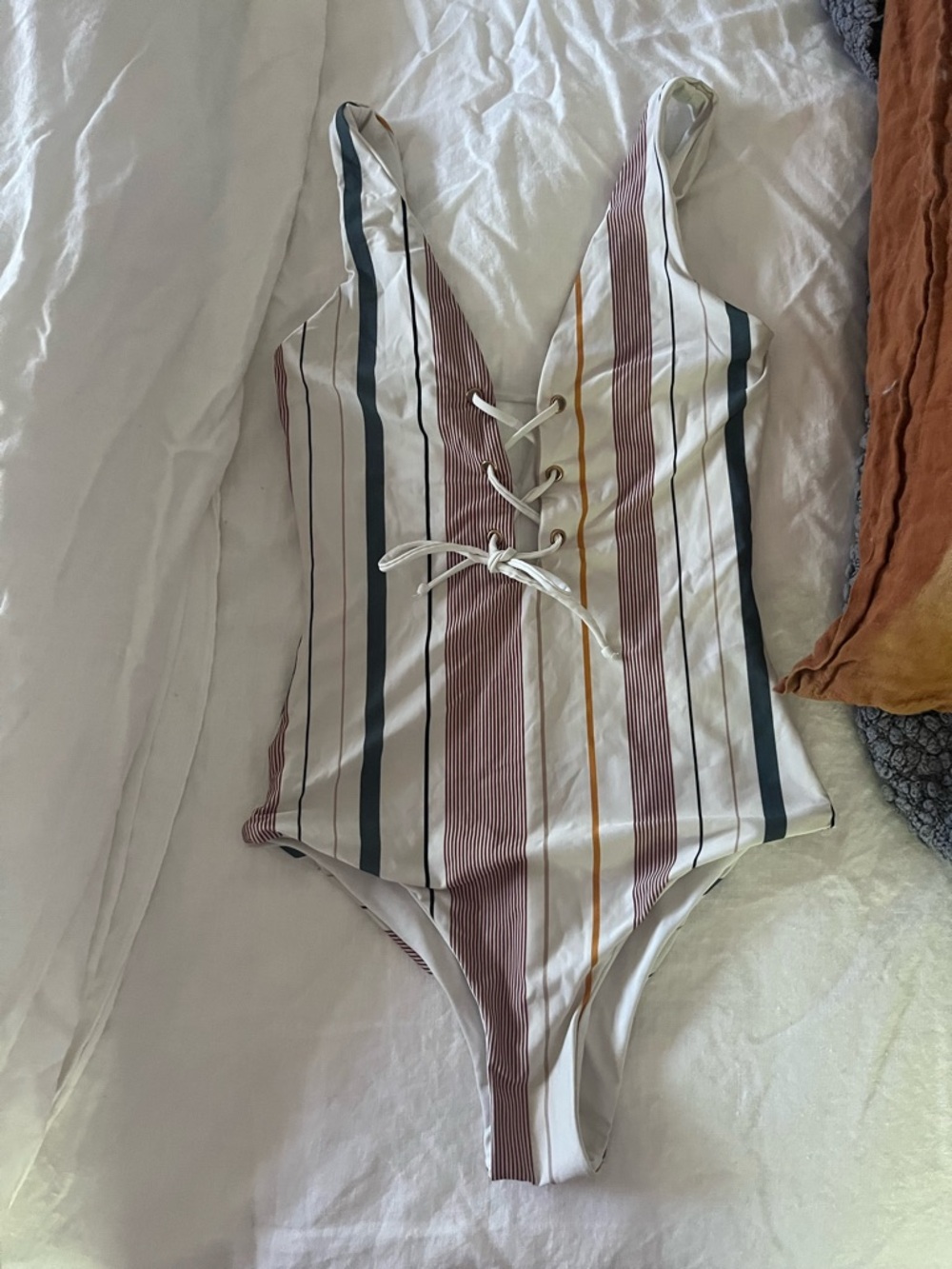 Tavik Cream & Rust Striped Lace-Up Swimsuit